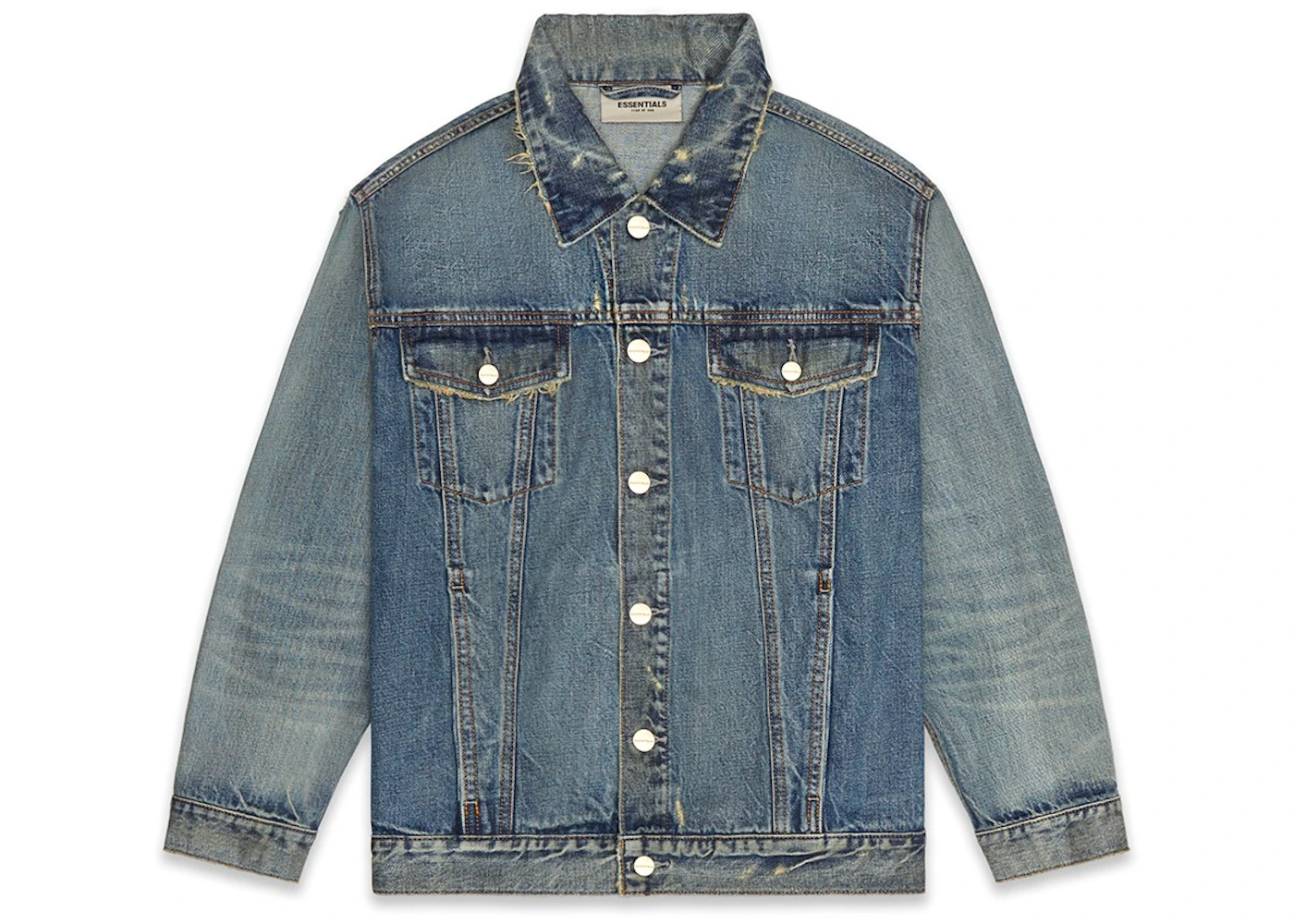 Fear of God Essentials Denim Trucker Jacket Distressed Fear of God Essentials Denim Trucker Jacket Distressed