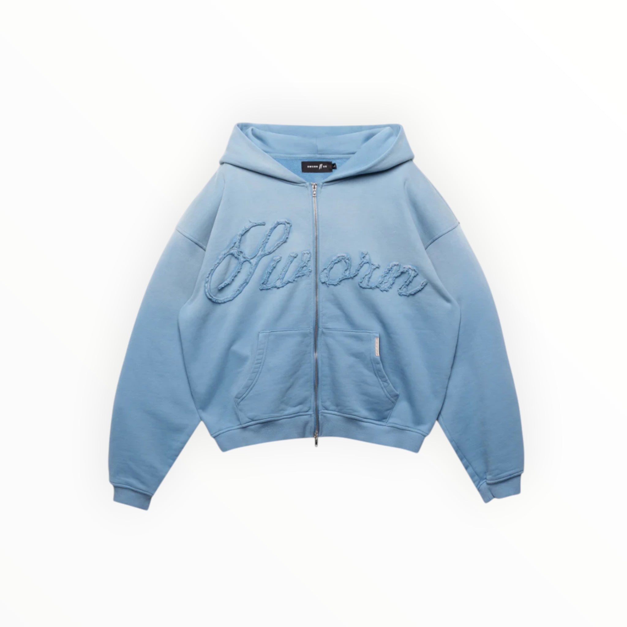 Sworn To Us Script Angel Cropped Zip-Up Hoodie Powder Blue – The